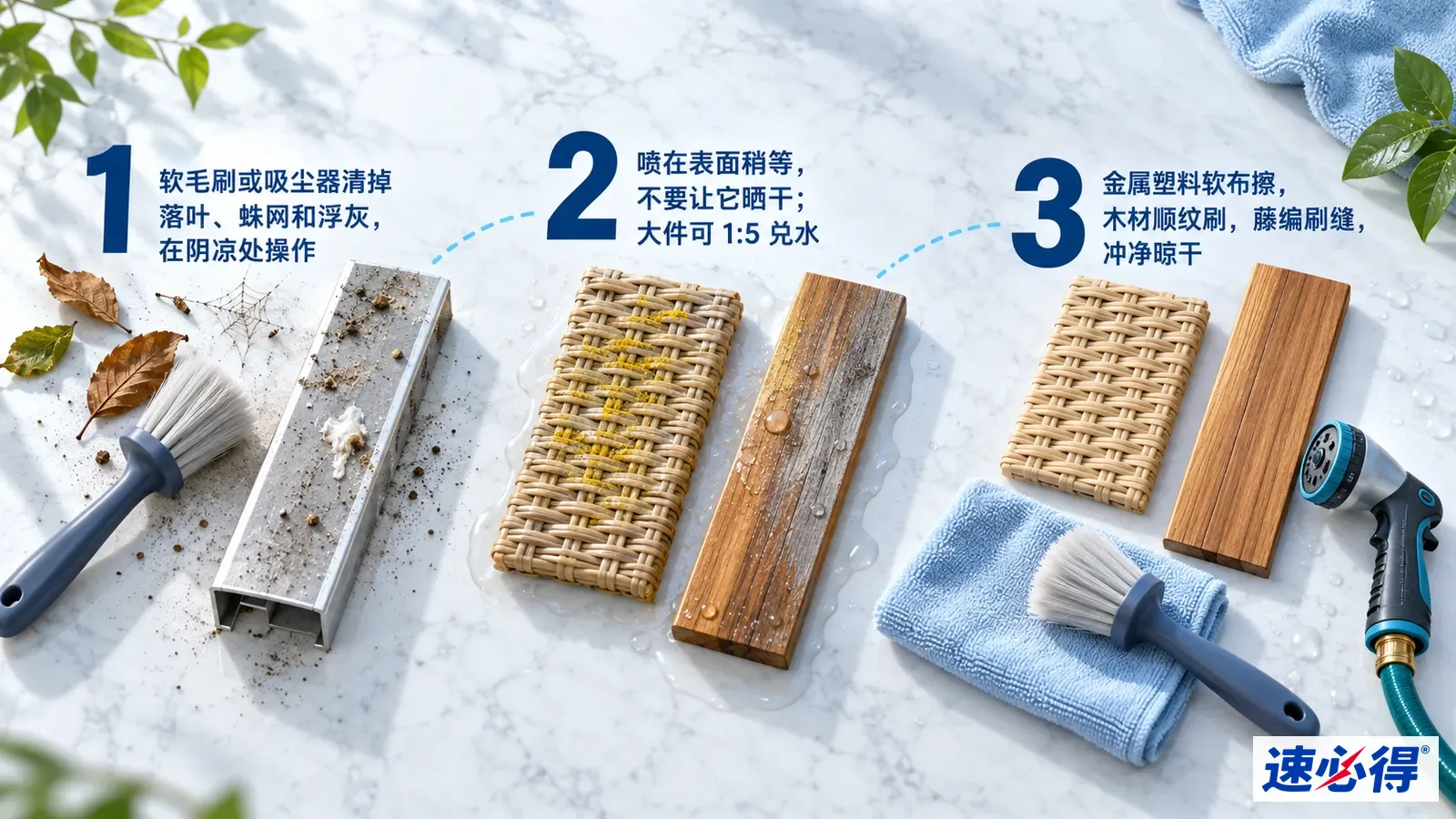 示意图:吸尘器吸头、金属与编织及木材样片、刷子和水管,配有编号步骤。