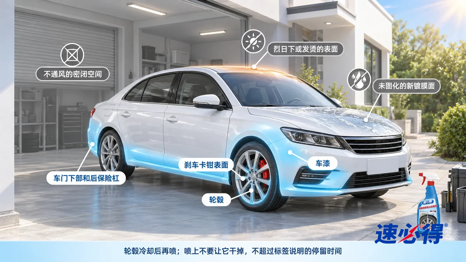 示意图：速必得铁粉刹车粉尘去除剂——一张写实 3D 剖面实景图，一个家的车库和门前车位，连续空间、一个视角，不出现瓶子：白色轿车（无车标、无车牌）的车漆、银色轮毂、刹车卡钳