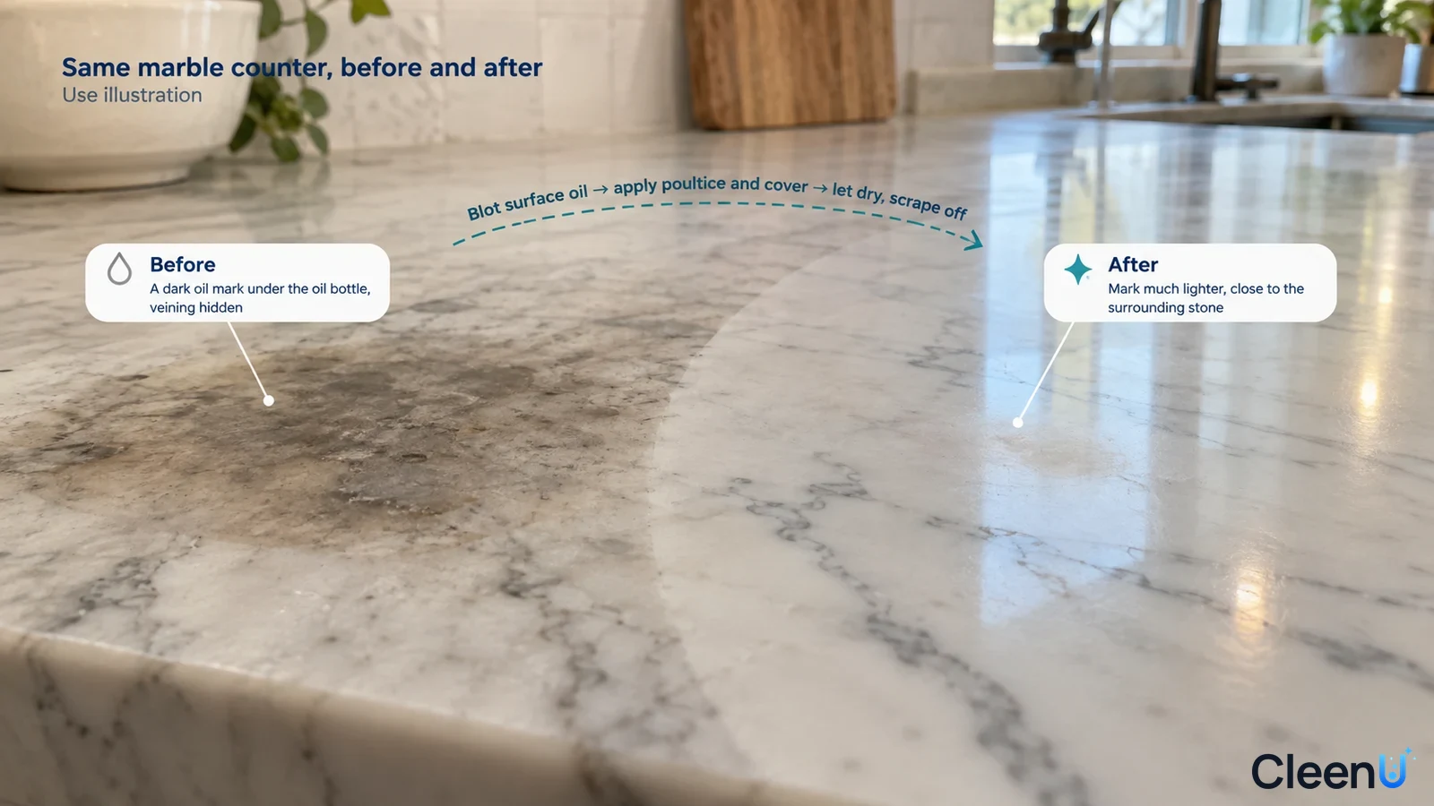 Illustration: A brown oil-stained area beside a lighter area on a stone counter; not a measured cleaning test.