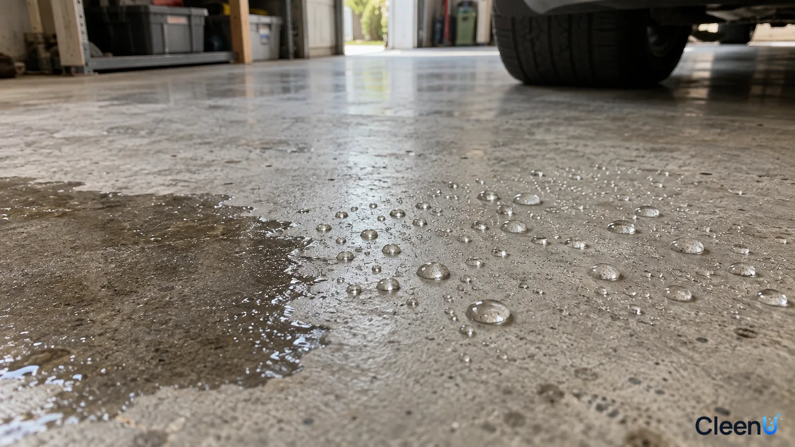 Illustration: Close-up of a dark wet patch and adjacent clear water beads on concrete.