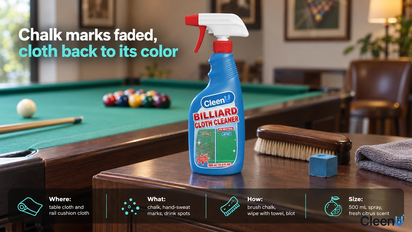 Illustration: A blue cleaner bottle, wooden brush, chalk cube and gray cloth beside a billiard table.