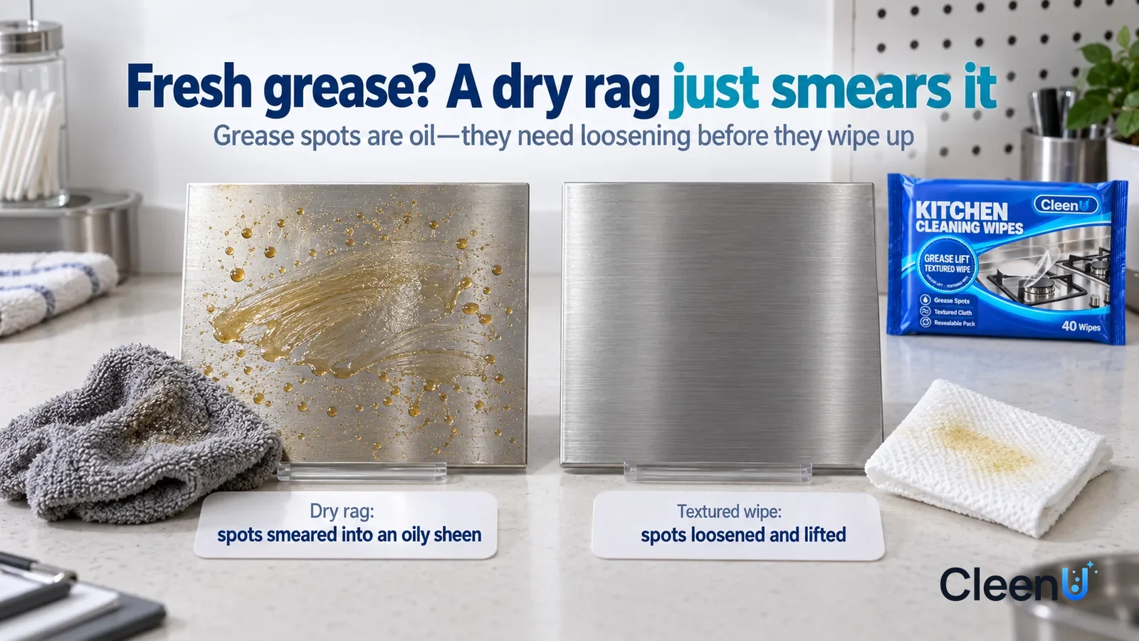 Illustration: CleenU Kitchen Cleaning Wipes — A landscape medium close-up of a small experiment in a cleaning lab: two identical brushed stainless-steel panels side by side on a white te Headline: "Fr