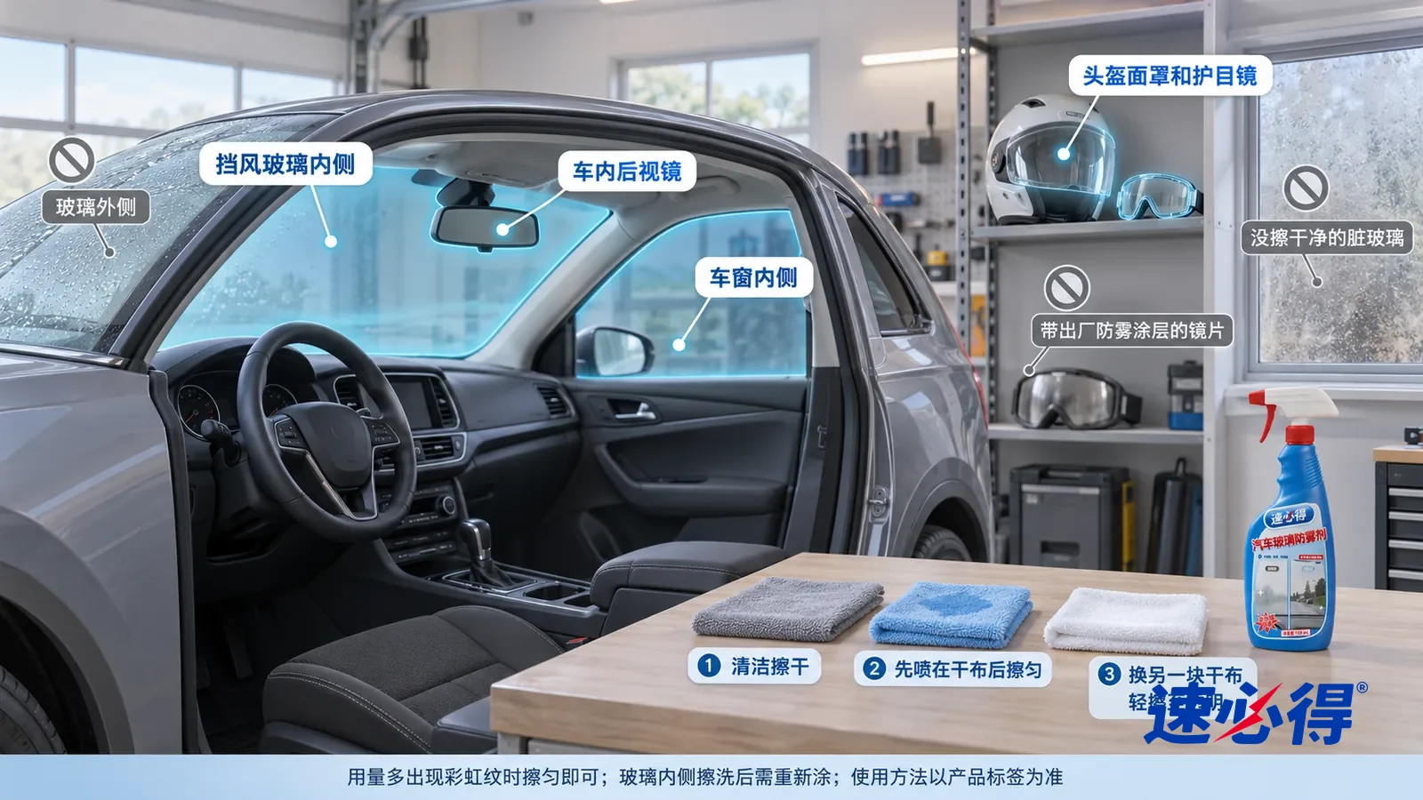 示意图：速必得汽车玻璃防雾剂——同一辆停稳的无品牌家用车，灰色内饰、中央扶手箱，冷色清晨窗光；无人驾驶、无人行驶中操作