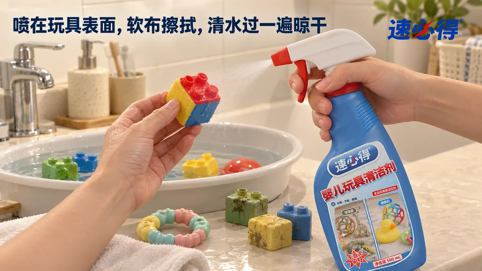 示意图：速必得婴儿玩具清洁剂——一只手握着本品，对着另一只手里拿着的一块彩色塑料积木（无品牌标志）近距离喷，积木表面均匀湿润；台面上一只盛着清水的浅盆、几块表面发乌的积木