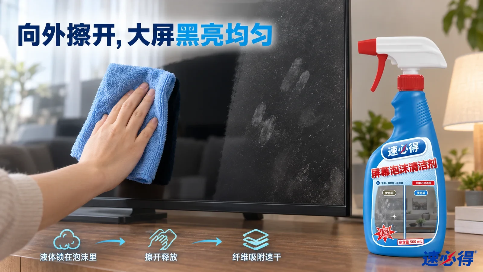 示意图：黑色电视屏幕的指纹区域、蓝色清洁布和蓝色喷瓶。