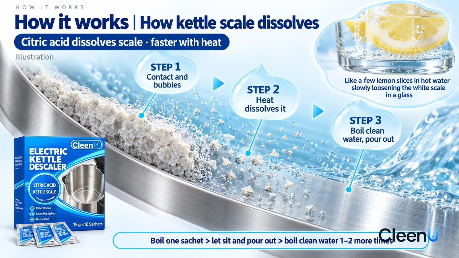 Illustration: CleenU Electric Kettle Descaler — an enormously magnified slice of an electric kettle's stainless heating plate runs diagonally from upper left to lower right; on the left a