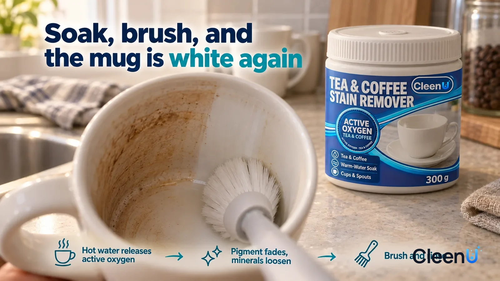 Illustration: CleenU Tea & Coffee Stain Remover — a soft cup brush has just made one pass, the brushed wall clean, smooth white, a bit of the brown tea-stain edge still beside it