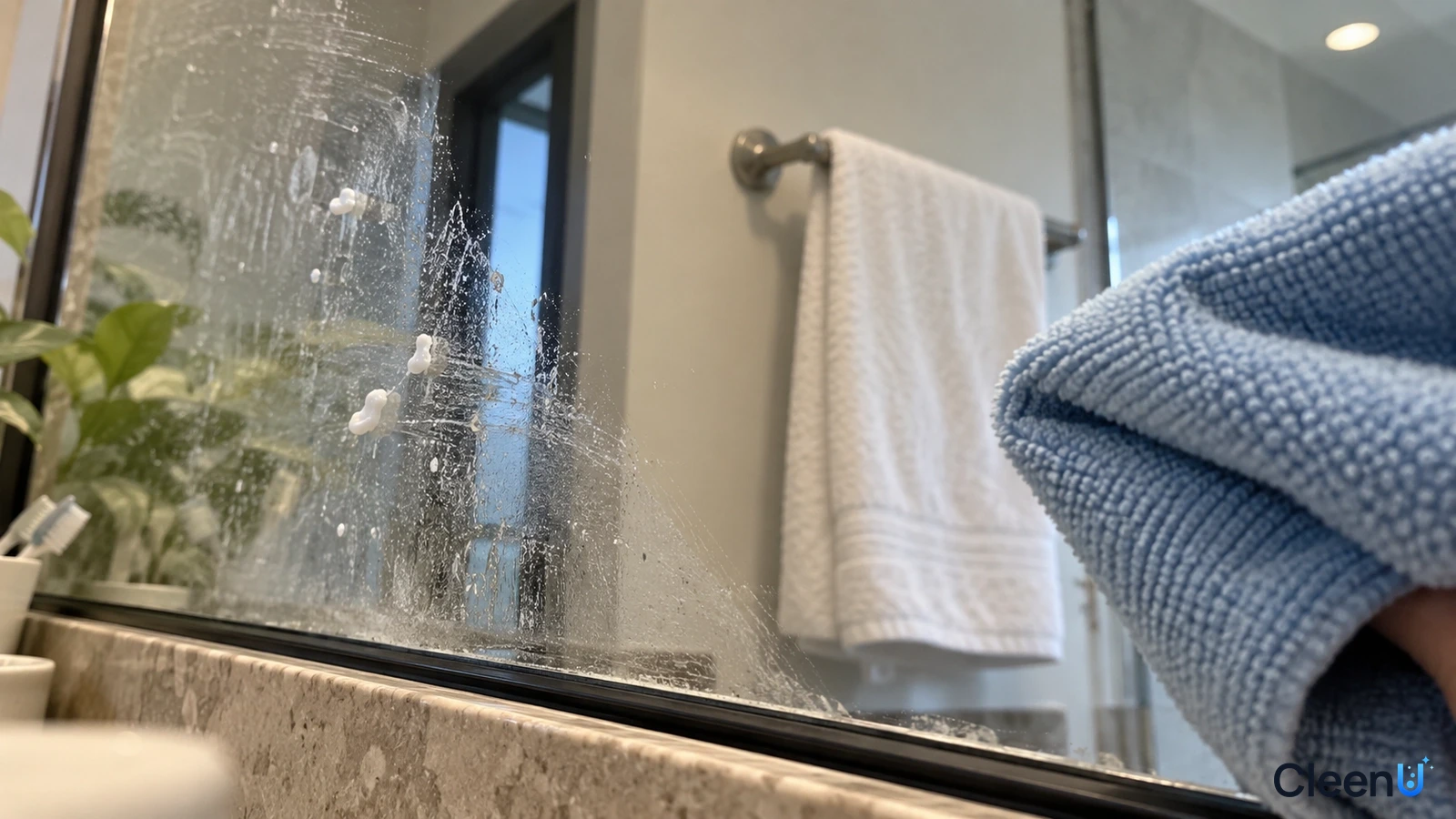 Illustration: Close-up of a blue cloth wiping a bathroom mirror with white spots.