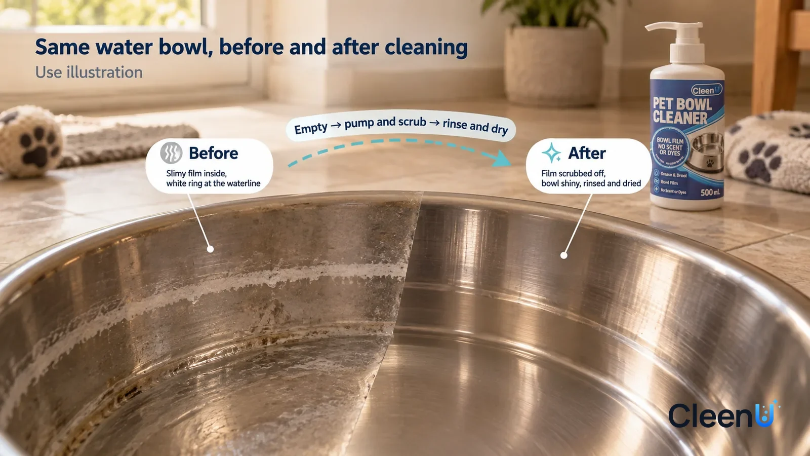 Illustration: CleenU Pet Bowl Cleaner — A full-screen low-angle close-up of the inside of a stainless-steel pet water bowl in the same raking light: the untreated side has a shiny