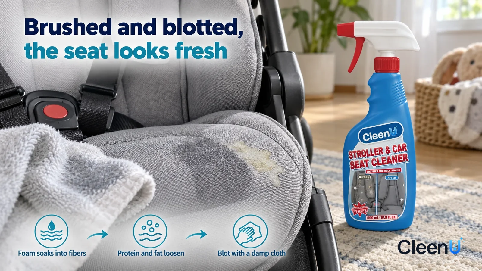 Illustration: CleenU Stroller & Car Seat Cleaner — a damp cloth has just blotted one patch, the blotted area an even, clean grey, the edge of a pale-yellow milk stain still beside it