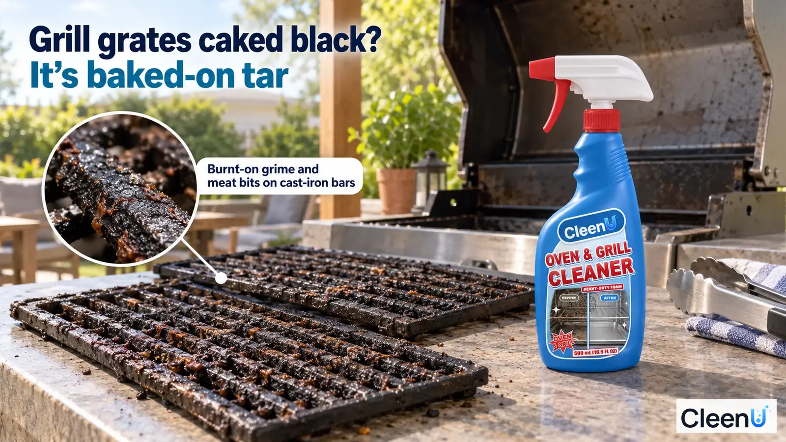 Illustration: Black charred grease and food debris on a grill grate beside a blue cleaner bottle.