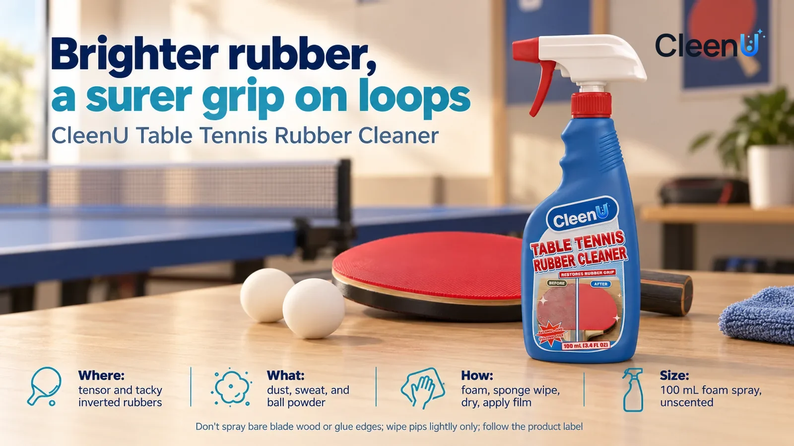 Illustration: CleenU Table Tennis Rubber Cleaner stands in the right third of the frame on the game-room side table Headline: "Brighter rubber, a surer grip on loops"