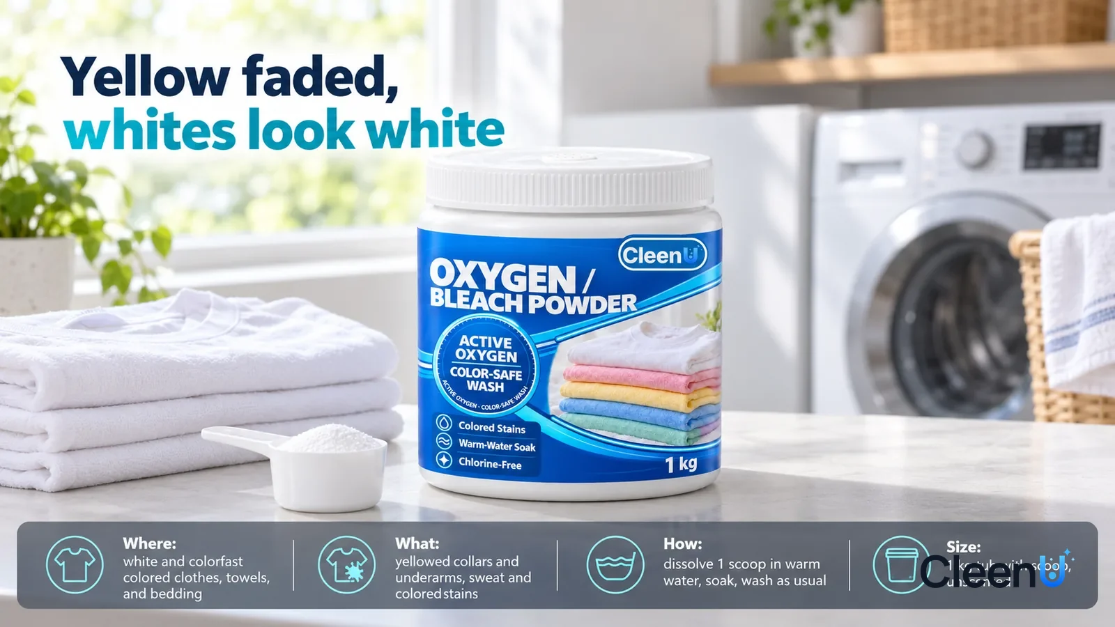 Illustration: CleenU Oxygen Bleach Powder, white lid on, stands centered on a laundry-room counter, a separate small white scoop and a stack of clean white T-shirts besid