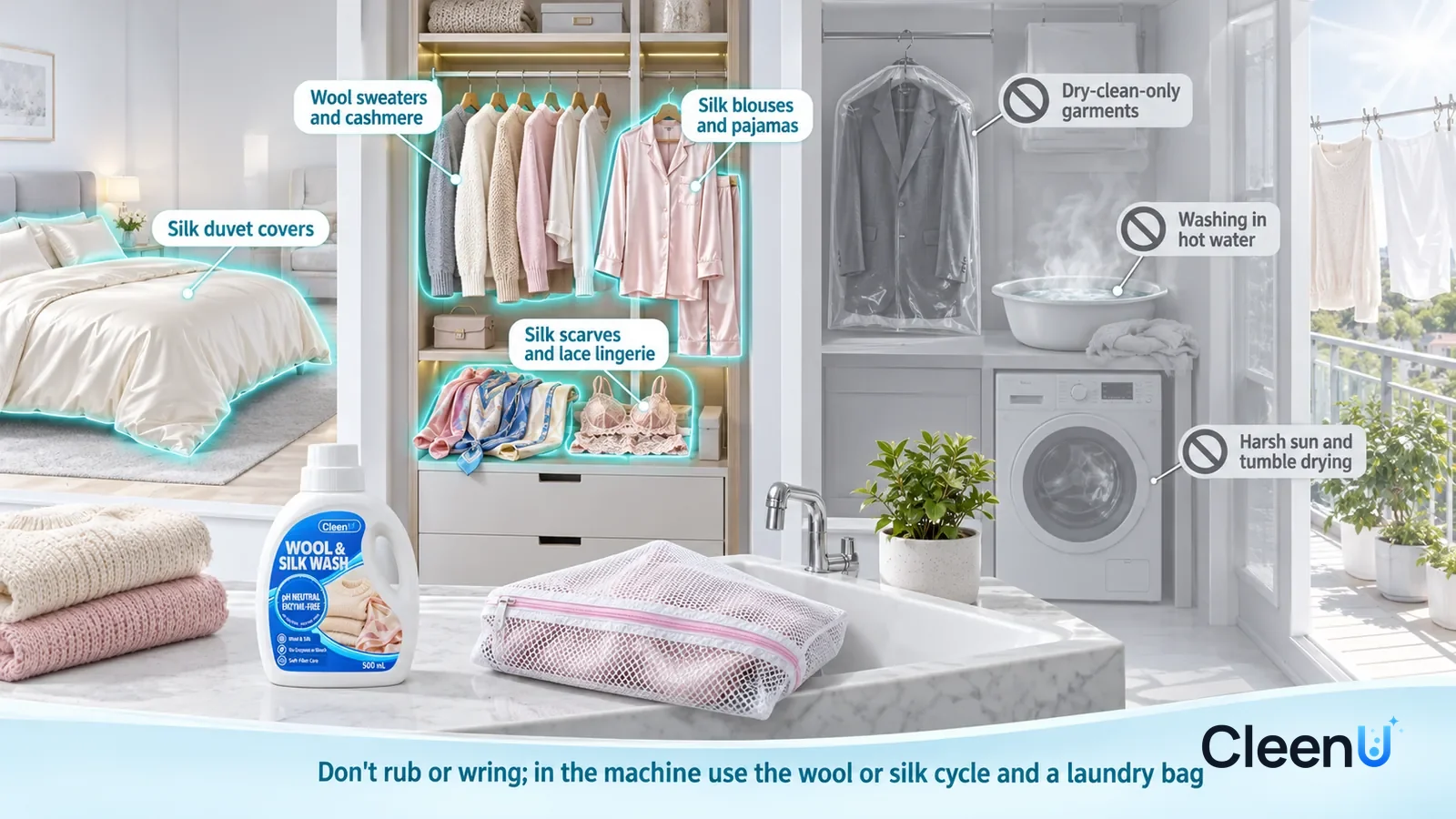 Illustration: CleenU Wool & Silk Wash — A realistic 3D cutaway of a bright home's bedroom, walk-in closet, laundry room, and balcony