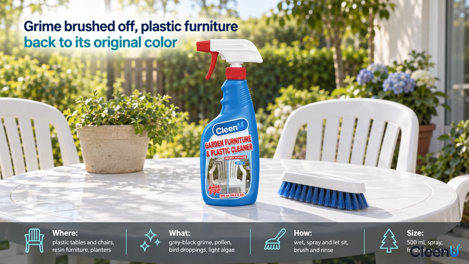 Illustration: A blue cleaner bottle, brush and flowerpot on a white outdoor plastic table.