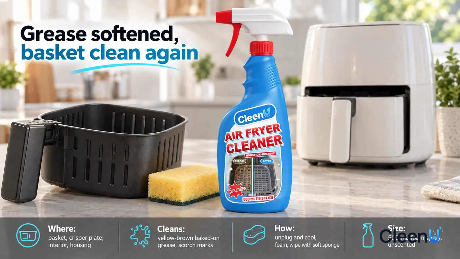Illustration: CleenU Air Fryer Cleaner stands centered on the kitchen counter, a yellow soft sponge and a washed dark grey nonstick basket beside it