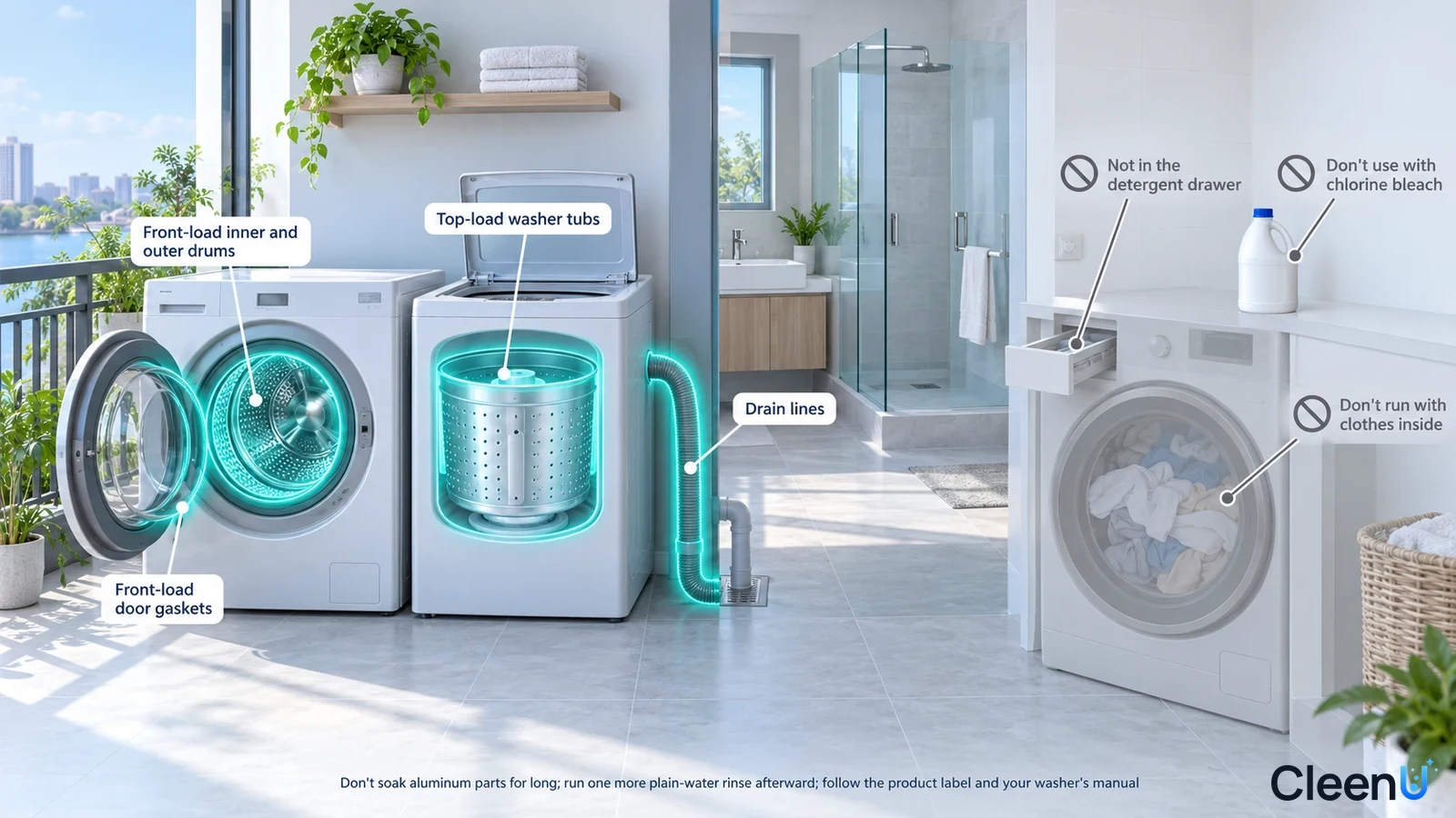 Illustration: Highlighted front-loading and top-loading washers and drums beside equipment precautions.