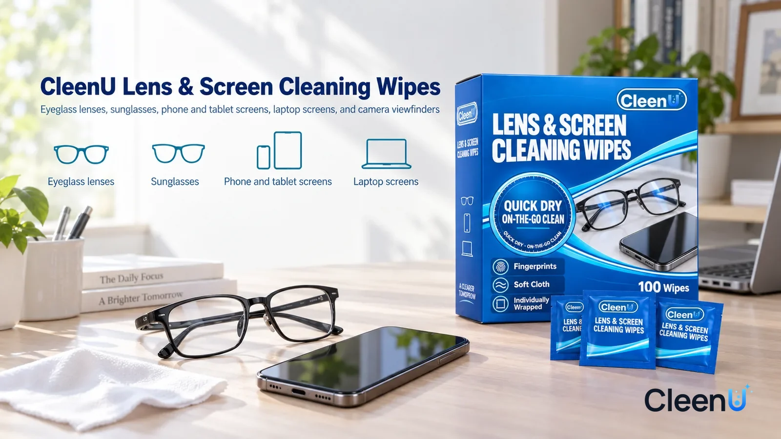 Illustration: CleenU Lens & Screen Cleaning Wipes — A bright, clean study, a pair of clean, clear black-framed glasses (no brand) and a dark phone (no brand marks) on the desk