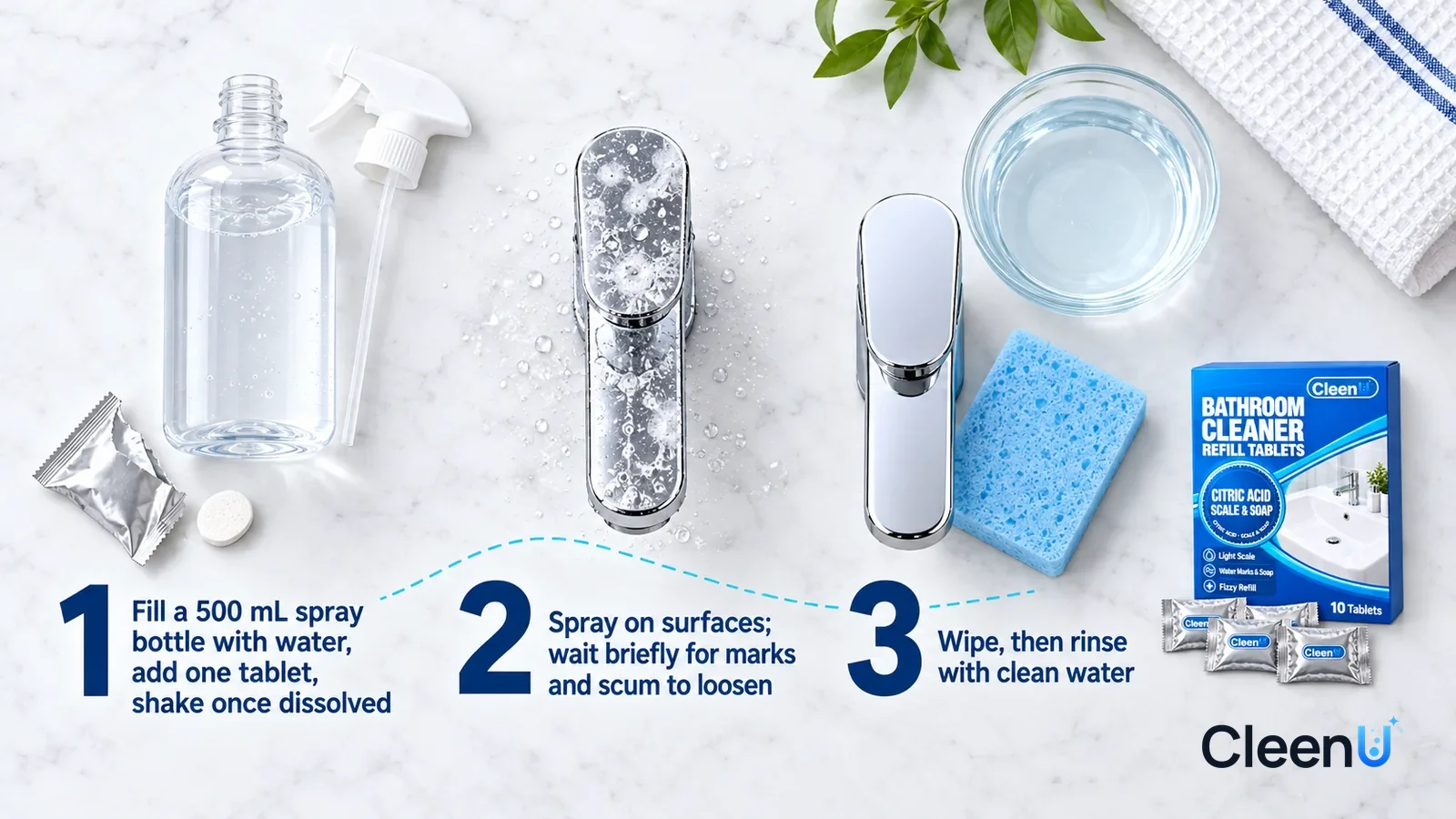 Illustration: CleenU Bathroom Cleaner Refill Tablets — an overhead shot straight down onto a light marble tabletop, no hands: (1) a torn silver pillow sachet and one white round effervescent tabl