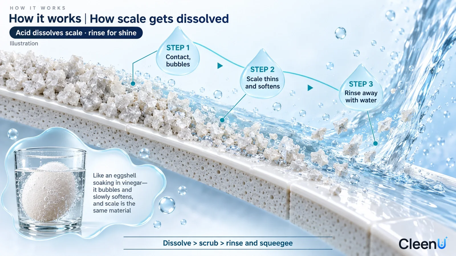 Illustration: Scale particles on a wall surface, liquid drops and rinse arrows illustrating scale loosening.
