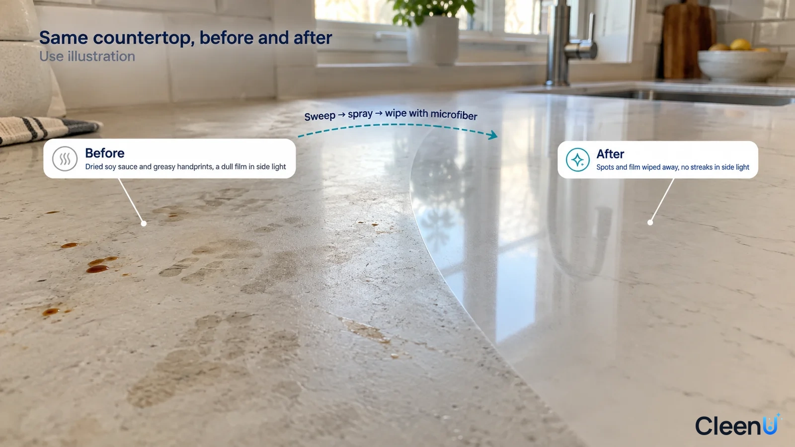 Illustrated countertop comparison showing crumbs and grease beside a cleared area; not a measured cleaning test.