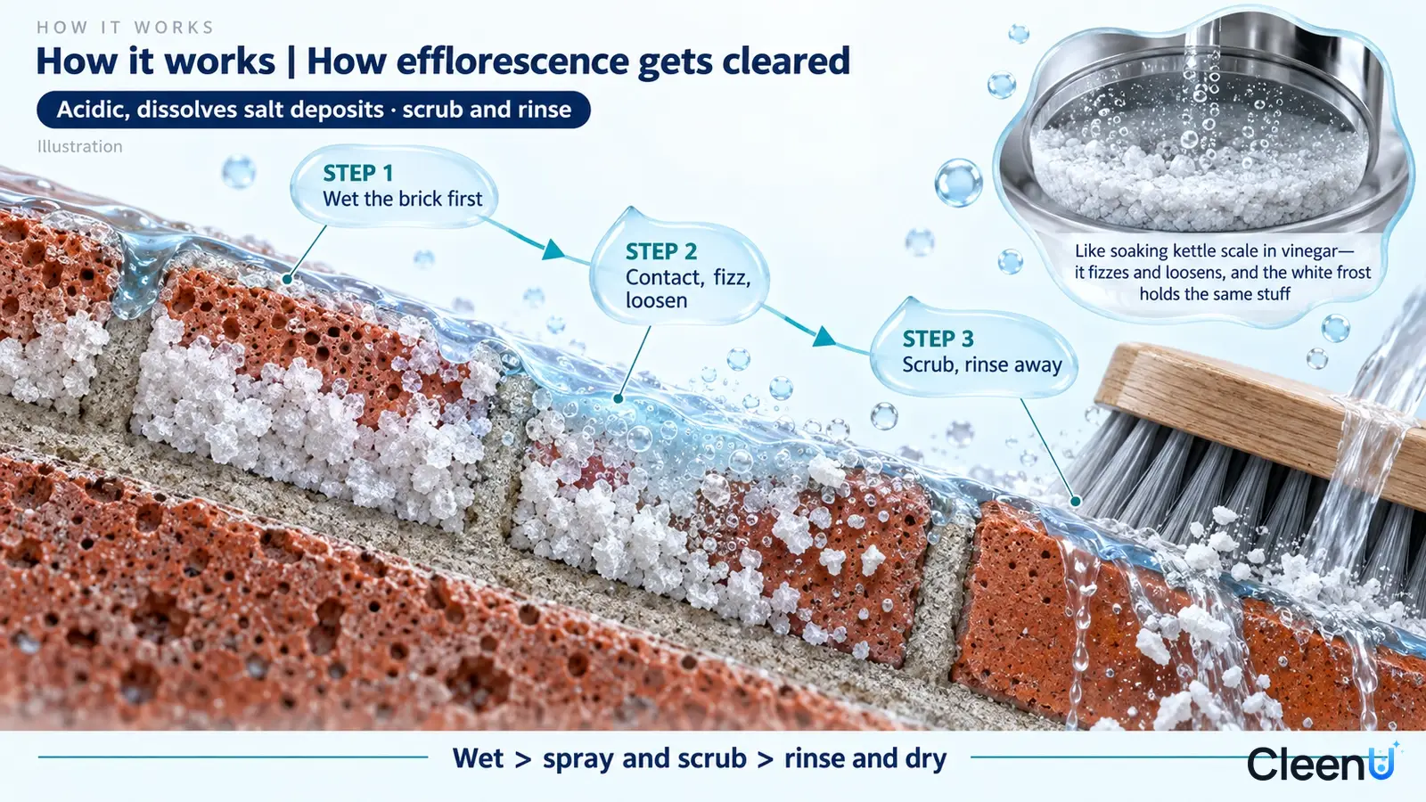 Illustration: Cross-sections of red brick and white crystal particles, with drops, water flow and brush bristles.