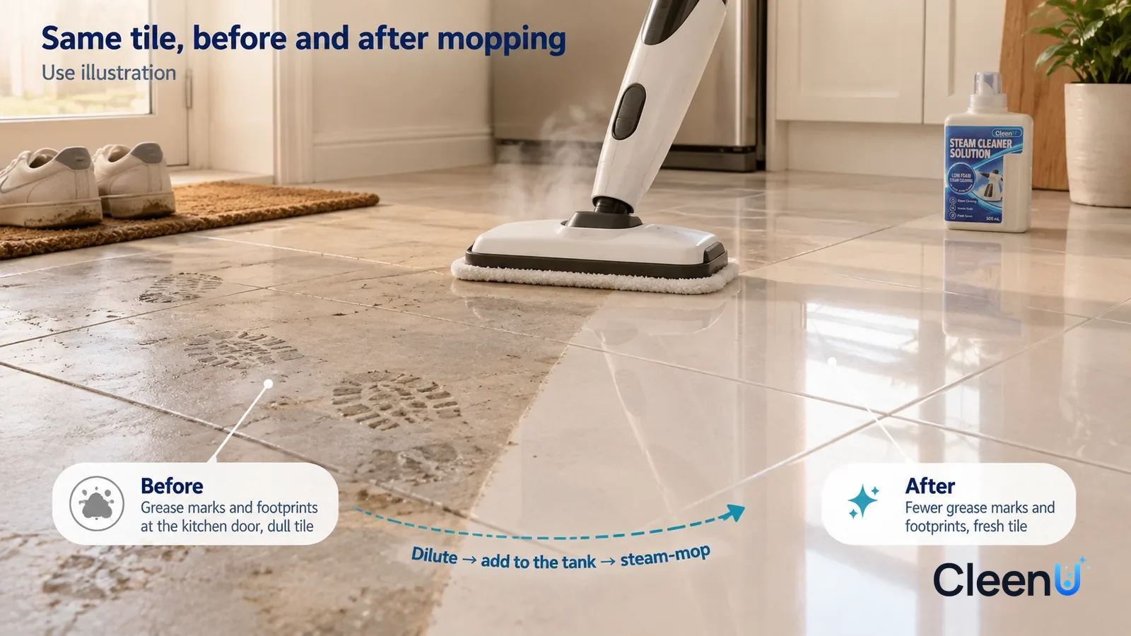 Illustration: CleenU Steam Cleaner Solution — A full-screen low-angle close-up of a light-colored tile floor, in the same side light: the untreated side looks dull