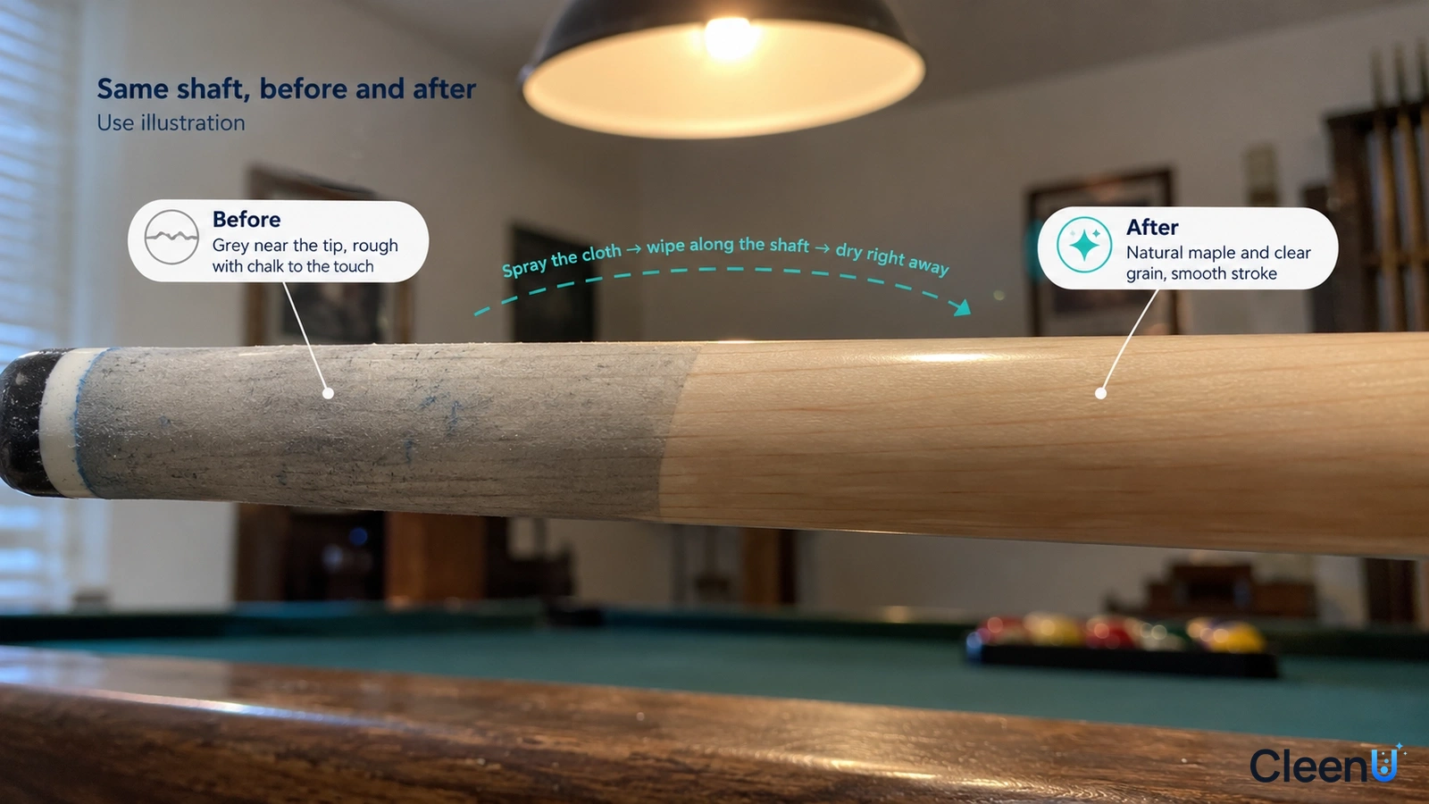 Illustration: Gray residue and a clearer area on a cue shaft; not a measured cleaning test.