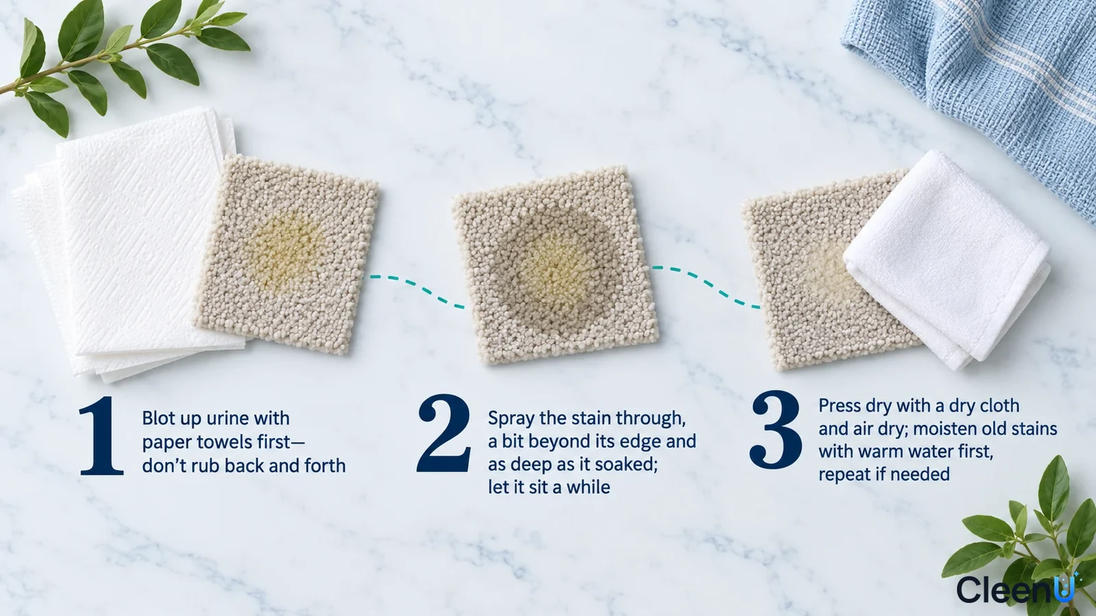 Illustration: Carpet samples with yellow marks, white paper towels and cloth with numbered steps.