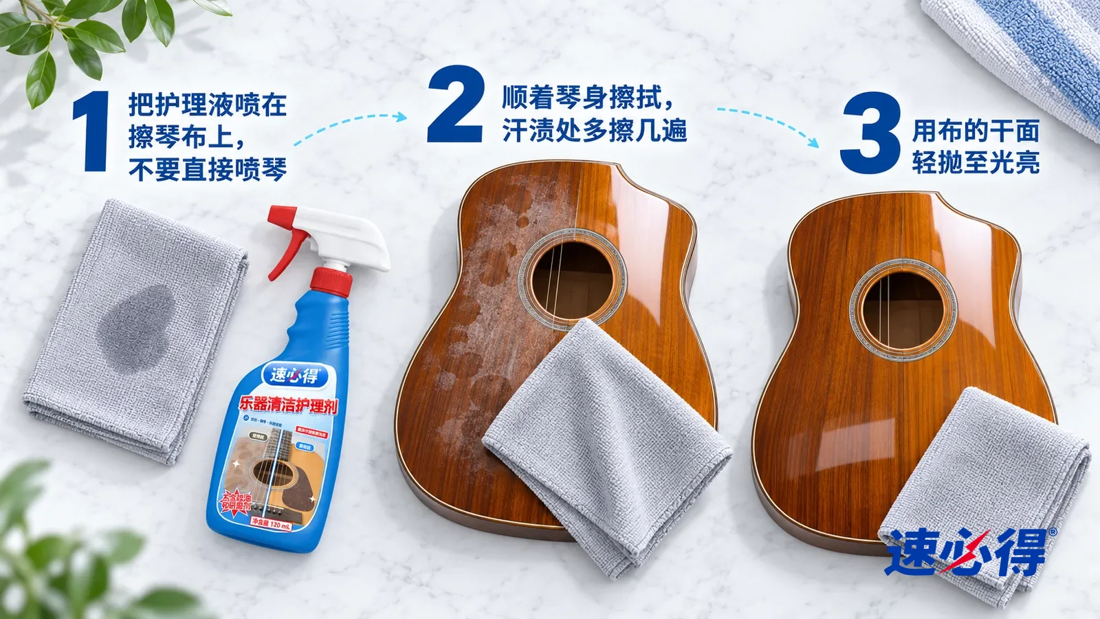 示意图：速必得乐器清洁护理剂——① 一块折好的浅灰超细纤维擦琴布，布面中间一小片微湿的痕迹；② 一块带汗渍的亮光漆木吉他琴身样件，擦琴布顺着木纹擦过一道