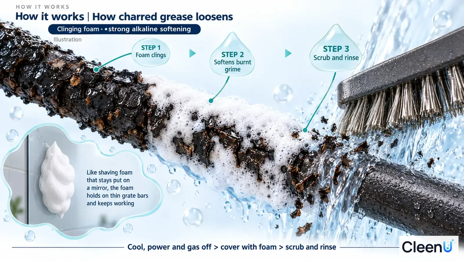 Illustration: Black char on a grill-bar cross-section with foam, water and brush bristles.