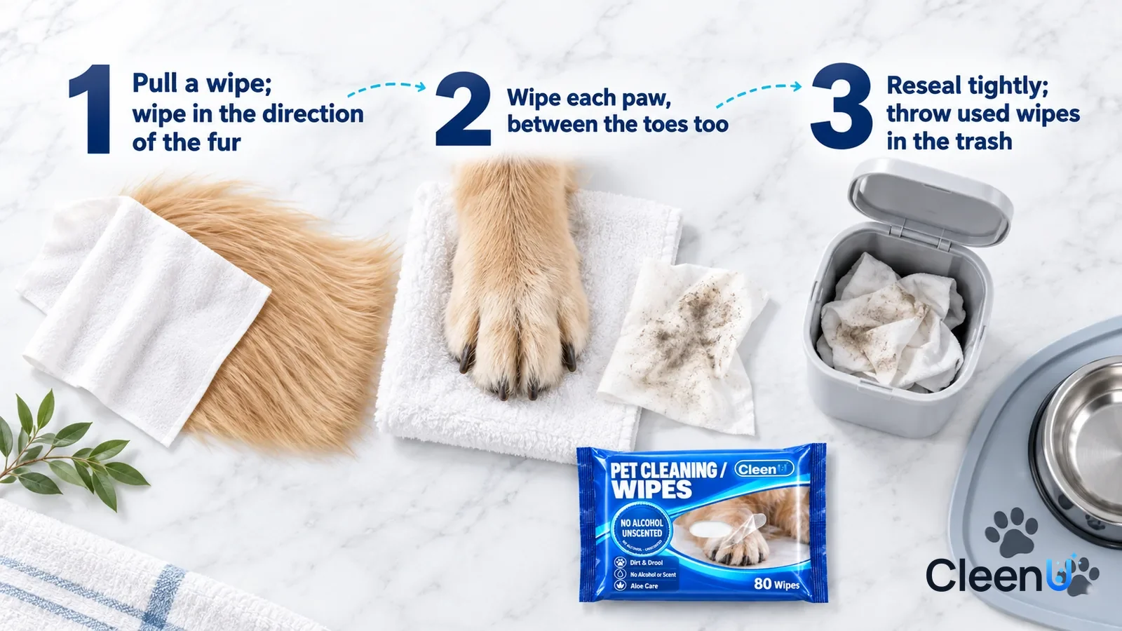 Illustration: CleenU Pet Cleaning Wipes — an overhead shot straight down onto a light marble tabletop, no hands: (1) an unfolded white wipe and a light golden long-fur swatch
