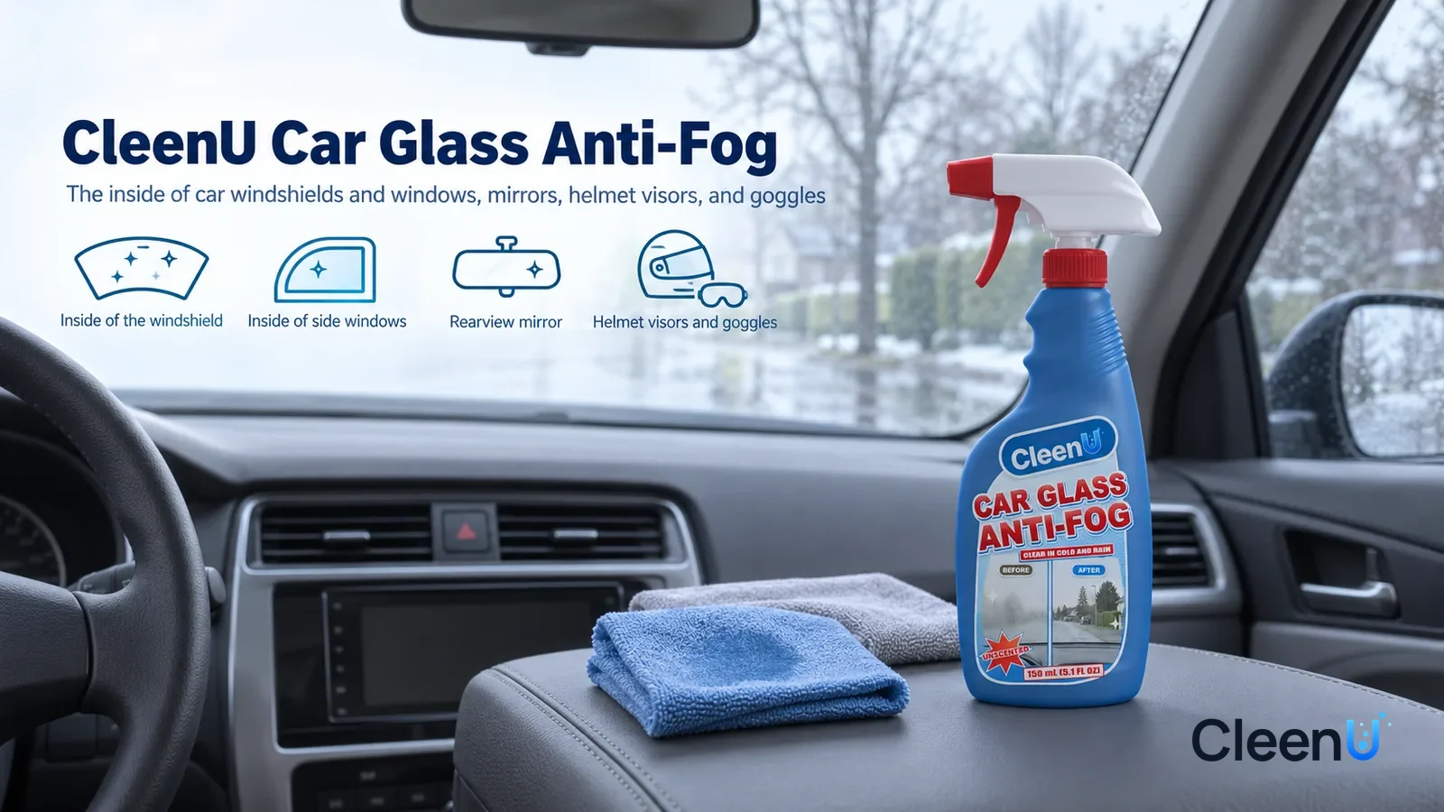 Illustration: CleenU Car Glass Anti-Fog — use one parked unbranded family car with grey interior and center armrest in cool morning window light, no driving or in-motion application