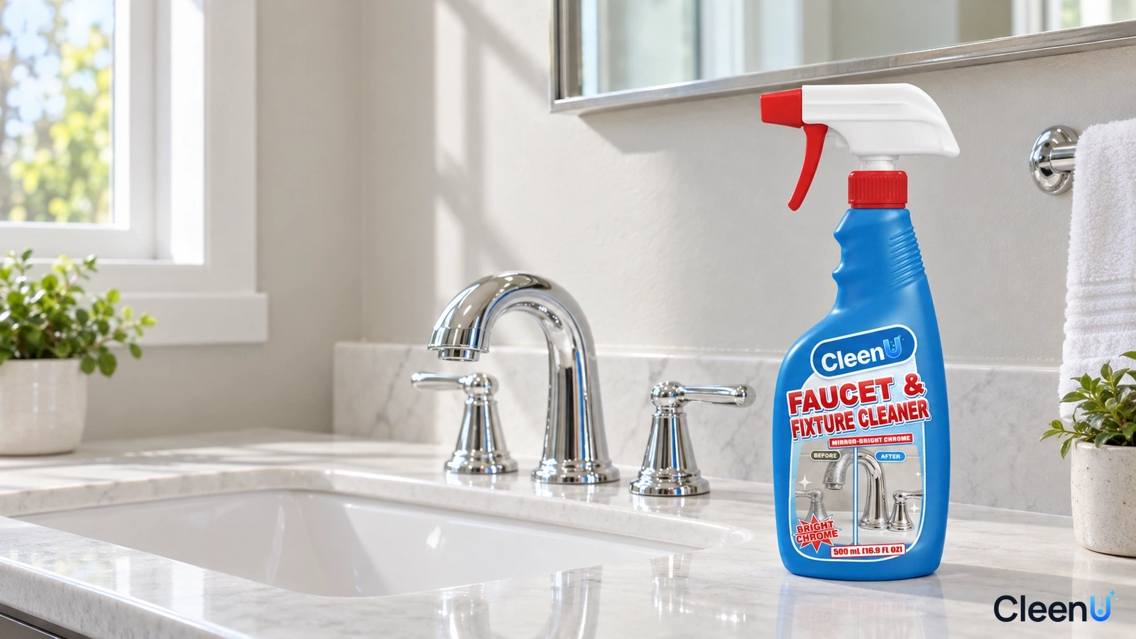 Illustration: A blue cleaner bottle beside a white vanity and chrome faucet in a bright bathroom.