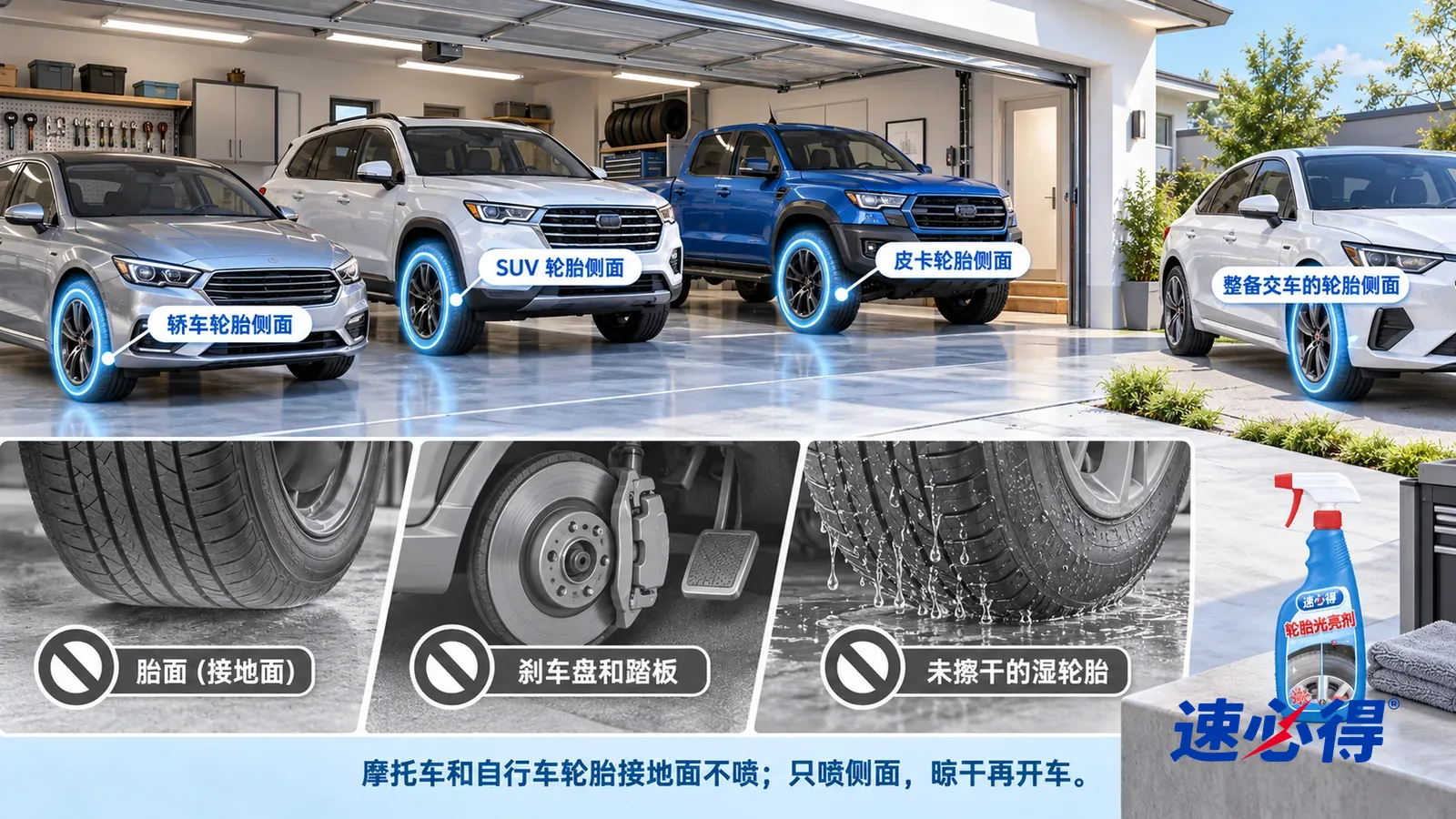 示意图：速必得轮胎光亮剂——一张写实 3D 剖面实景图，一个明亮的家用车库和门口车道，连续空间、一个视角，不出现瓶子：轿车、SUV