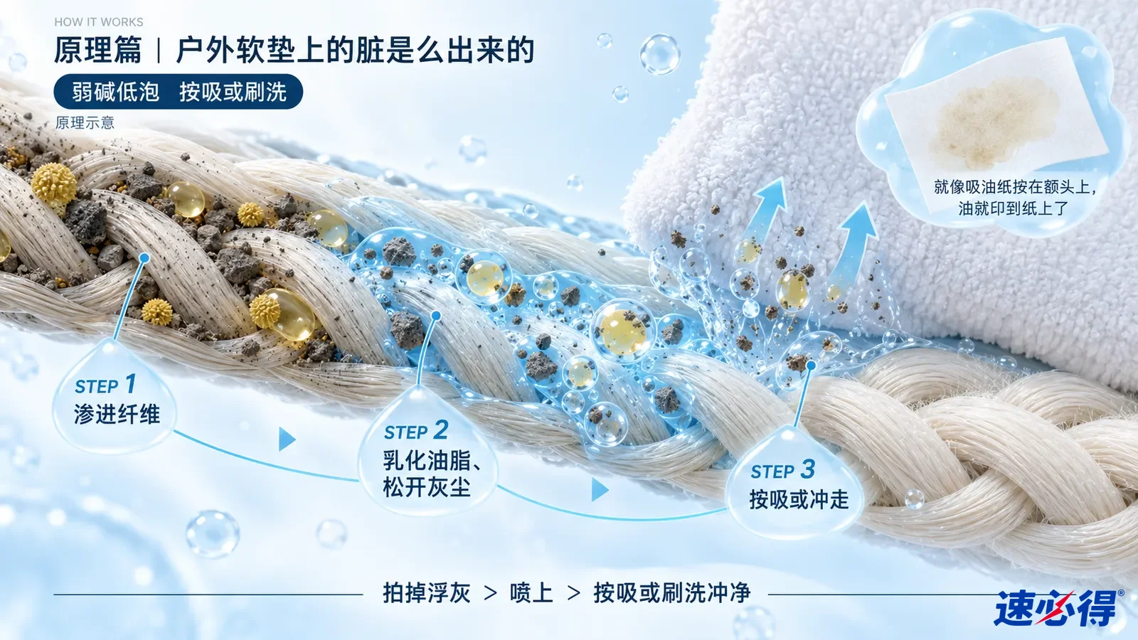 示意图:编织布纤维中的灰色颗粒、蓝色液滴和清洁布剖面。