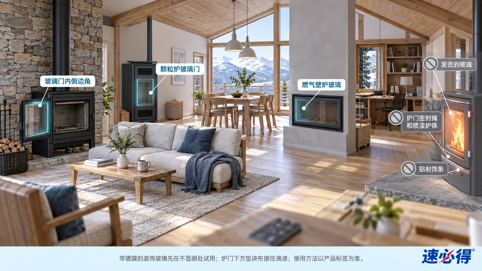 示意图：客厅内的壁炉和炉门玻璃区域被突出显示，旁边列有温度及材质注意事项图标。