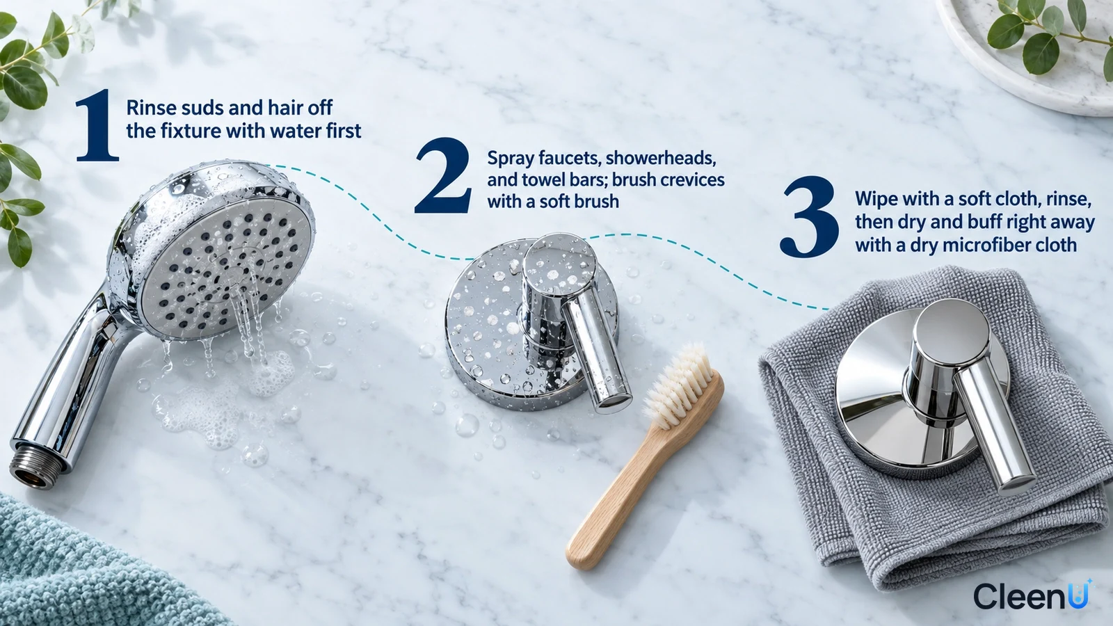 Illustration: A shower head, chrome metal samples, a small brush and gray cloth with numbered steps.
