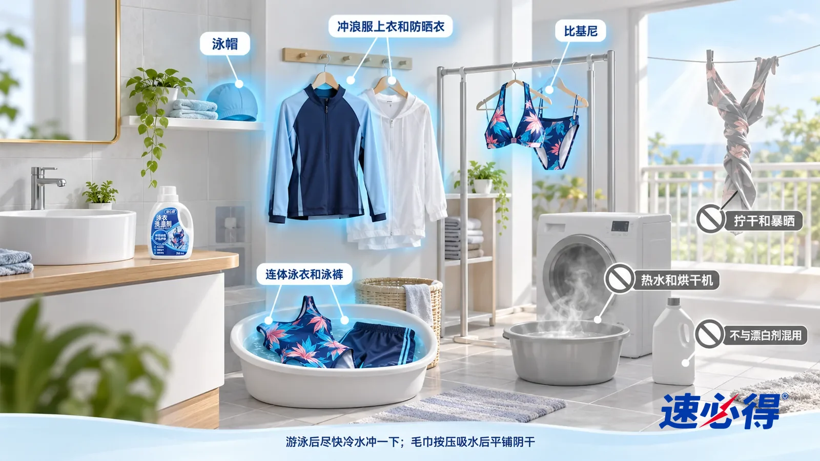 示意图:速必得泳衣洗涤剂——一张写实 3D 剖面实景图,一套明亮的家的玄关、卫生间和阳台区域,连续空间、一个视角,不出现人:洗衣盆里的连体泳衣和泳裤、晾衣架上的比基尼