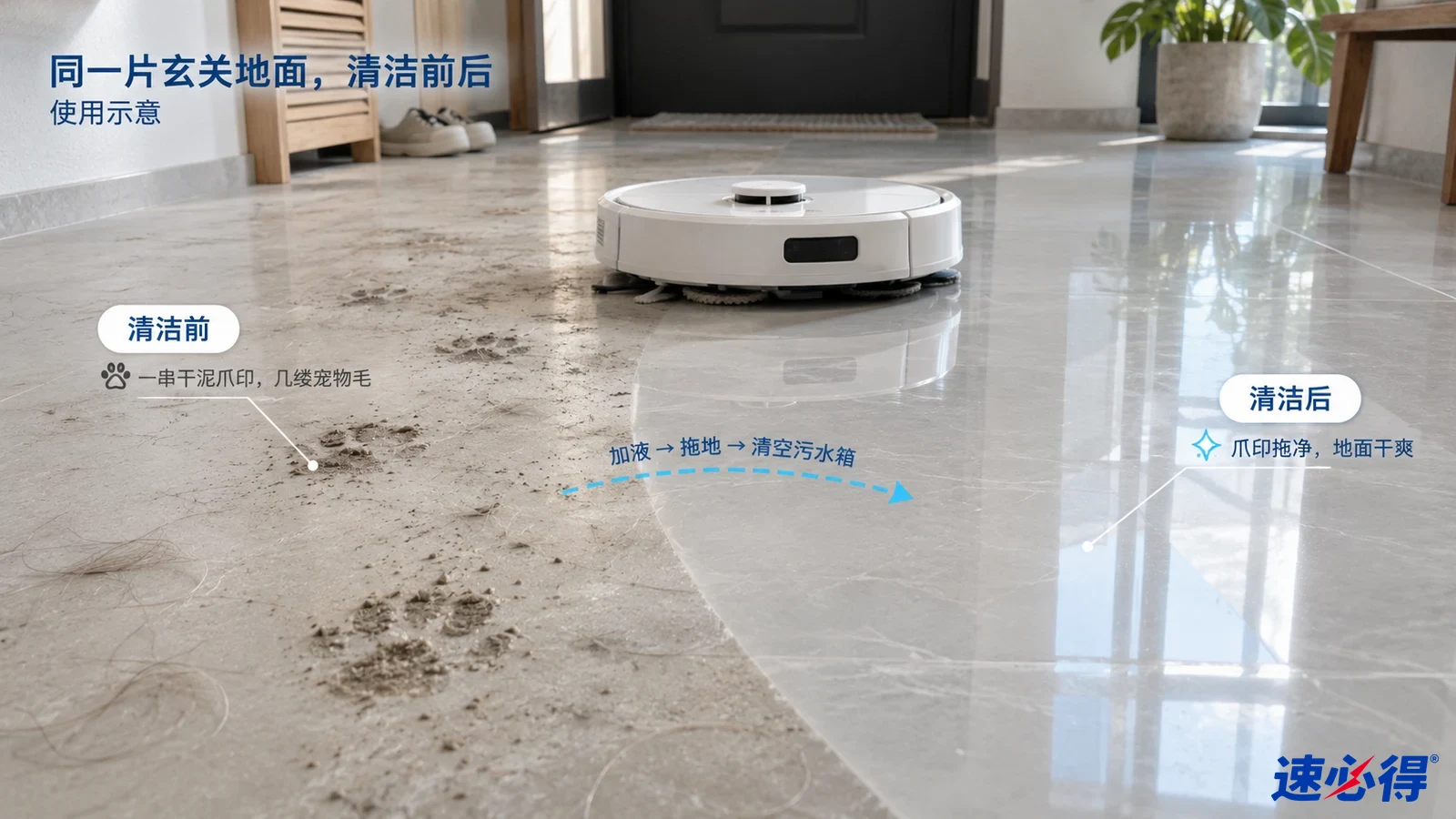 示意图：玄关地面的泥爪印区域与较洁净区域对照，非实测照片且无法据图验证气味。