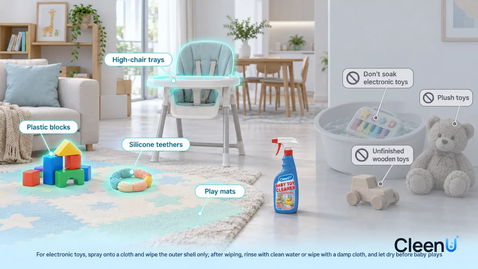 Illustration: CleenU Baby Toy Cleaner — A realistic 3D cutaway of a bright home's kids' room, living room, and dining area