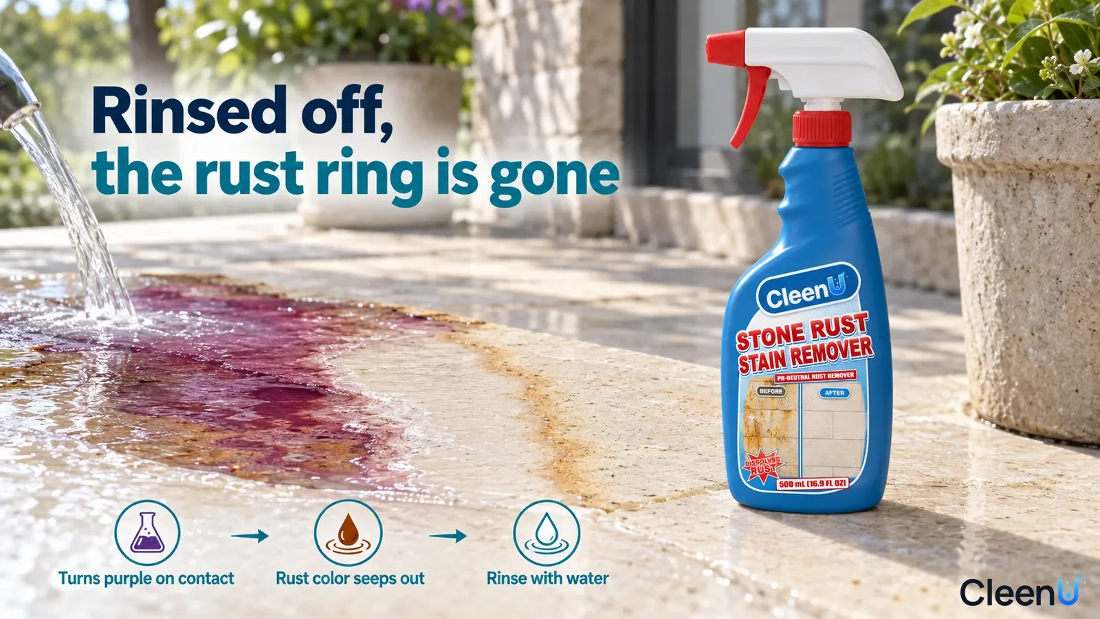 Illustration: Purple liquid and a brown rust ring on light stone beside a blue bottle.