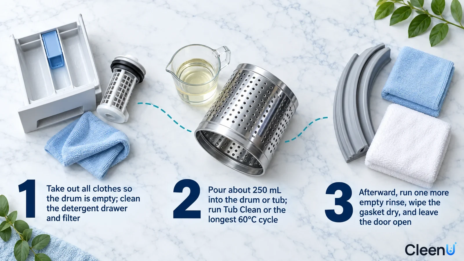Illustration: Detergent drawer, metal filter, drum, door gasket and cloths with numbered steps.