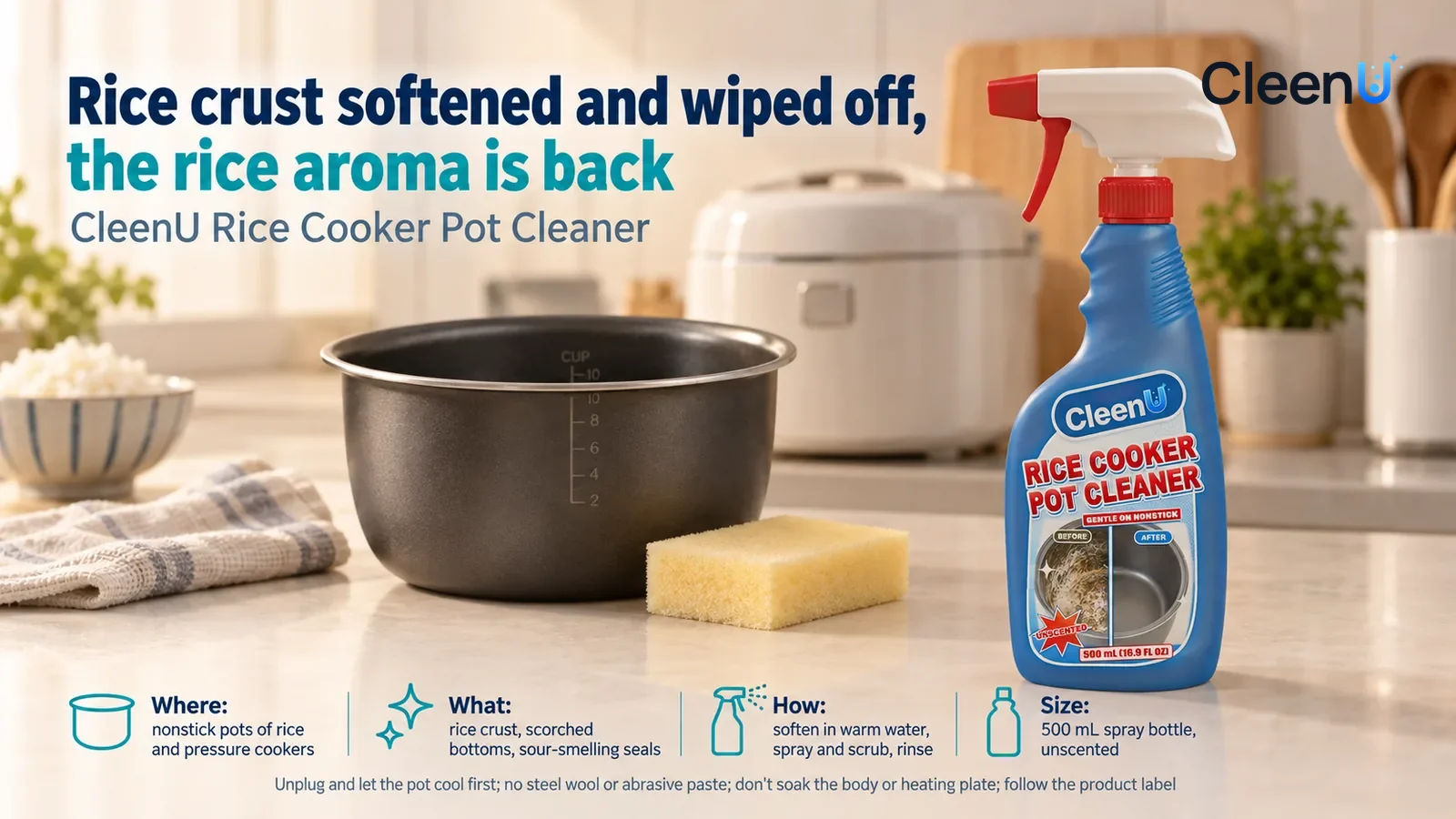 Illustration: CleenU Rice Cooker Pot Cleaner stands in the right third of the frame on the kitchen counter Headline: "Rice crust softened and wiped off, the rice aroma is back"