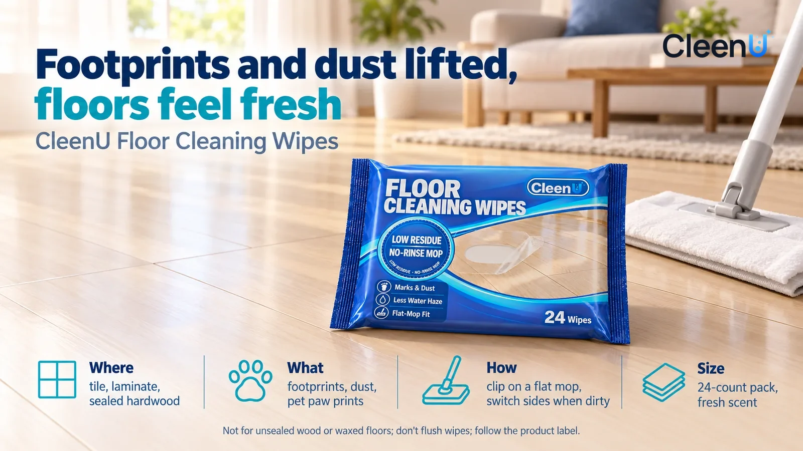 Illustration: CleenU Floor Cleaning Wipes lies flat on clean light laminate flooring, front facing the camera Headline: "Footprints and dust lifted, floors feel fresh"