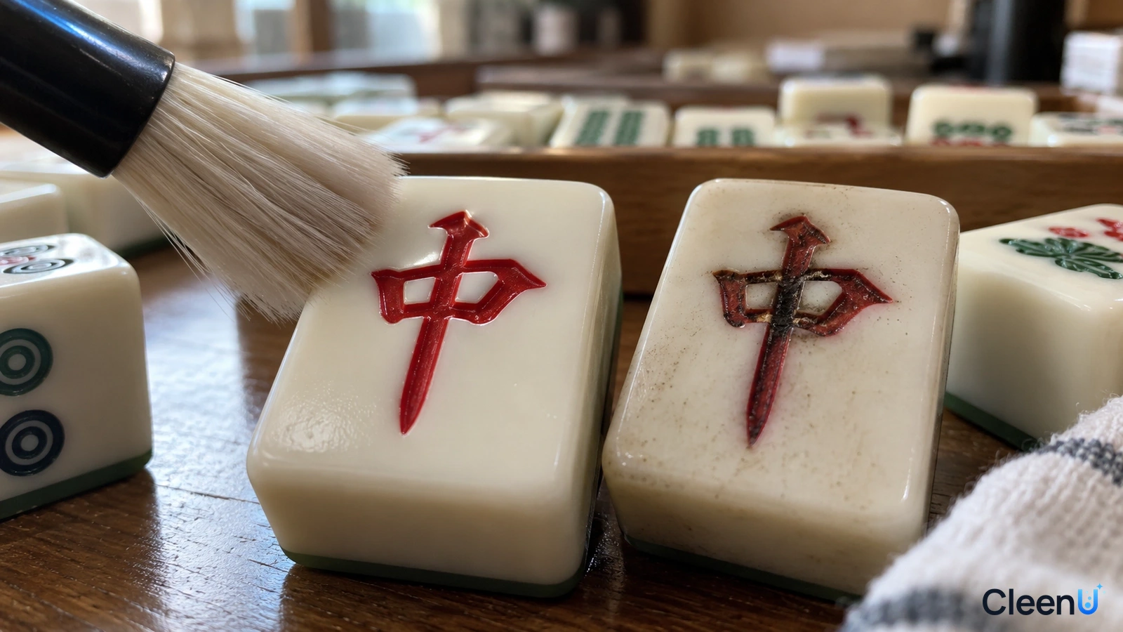 Illustration: Close-up of a soft brush beside red-engraved mahjong tiles, including a tile with grime in its engraving.
