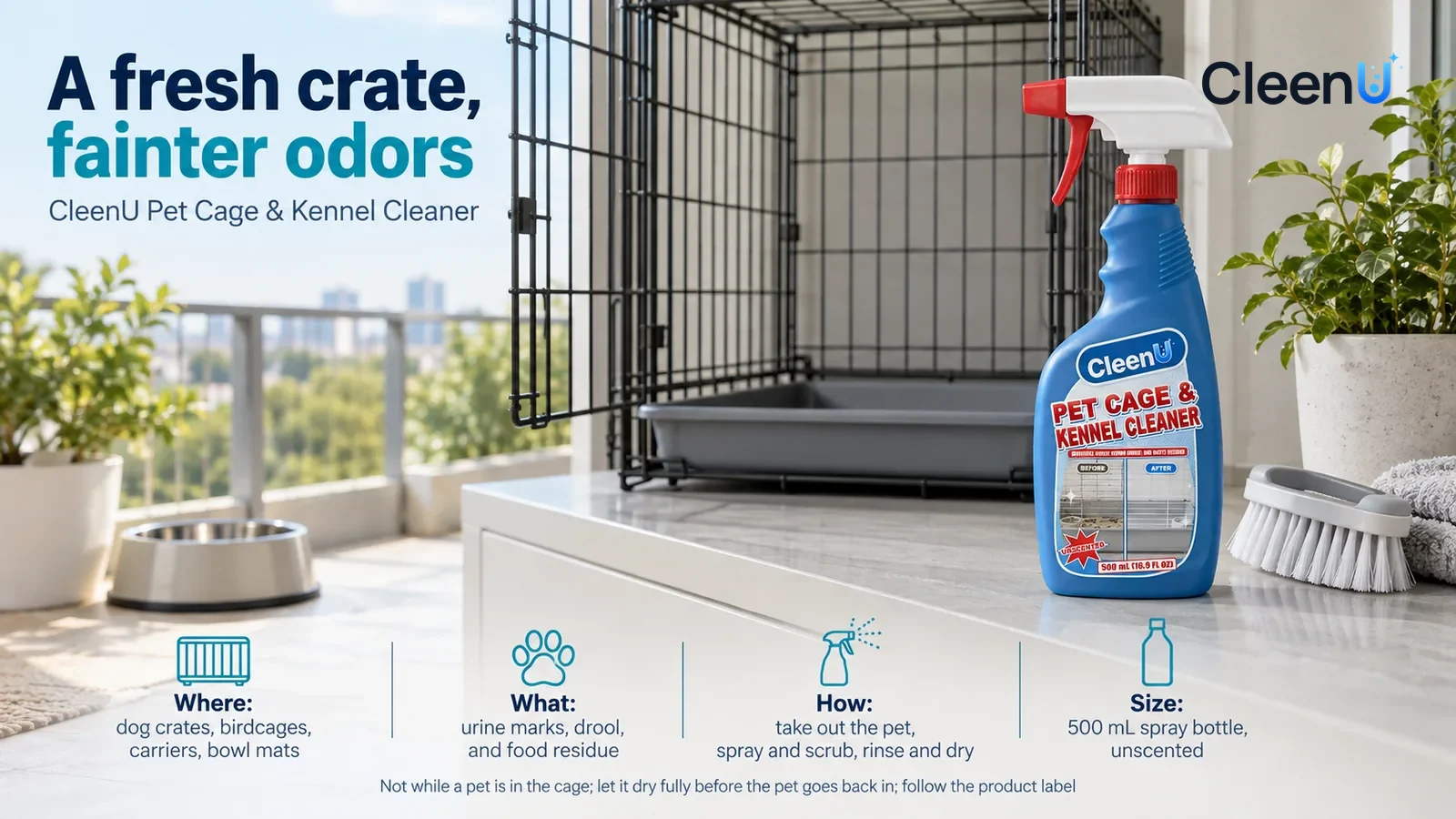 Illustration: CleenU Pet Cage & Kennel Cleaner stands in the right third of the frame on the balcony storage cabinet top, a soft-bristle brush beside it Headline: "A fresh crate, fainter odors"
