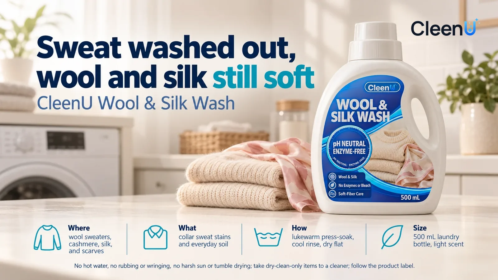Illustration: CleenU Wool & Silk Wash, measuring cap on, stands in the right third of the frame on the laundry counter Headline: "Sweat washed out, wool and silk still soft"