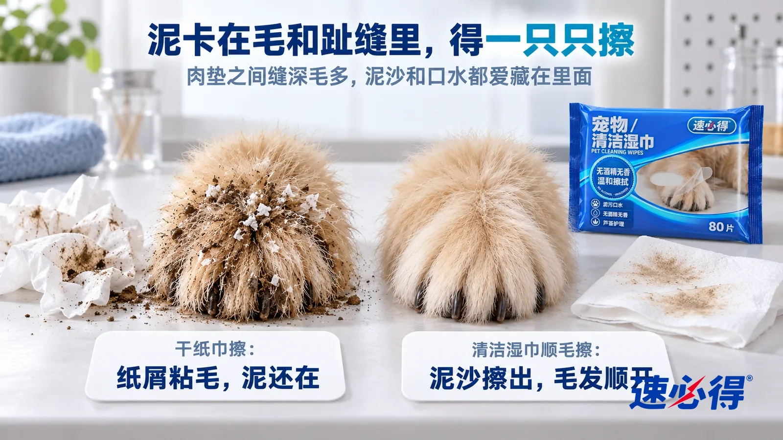 示意图：速必得宠物清洁湿巾——白色测试台上并排放着两块同样的浅金色长毛样块（仿宠物毛），都沾着一样的湿泥和细沙，标题“泥卡在毛和趾缝里，得一只只擦”