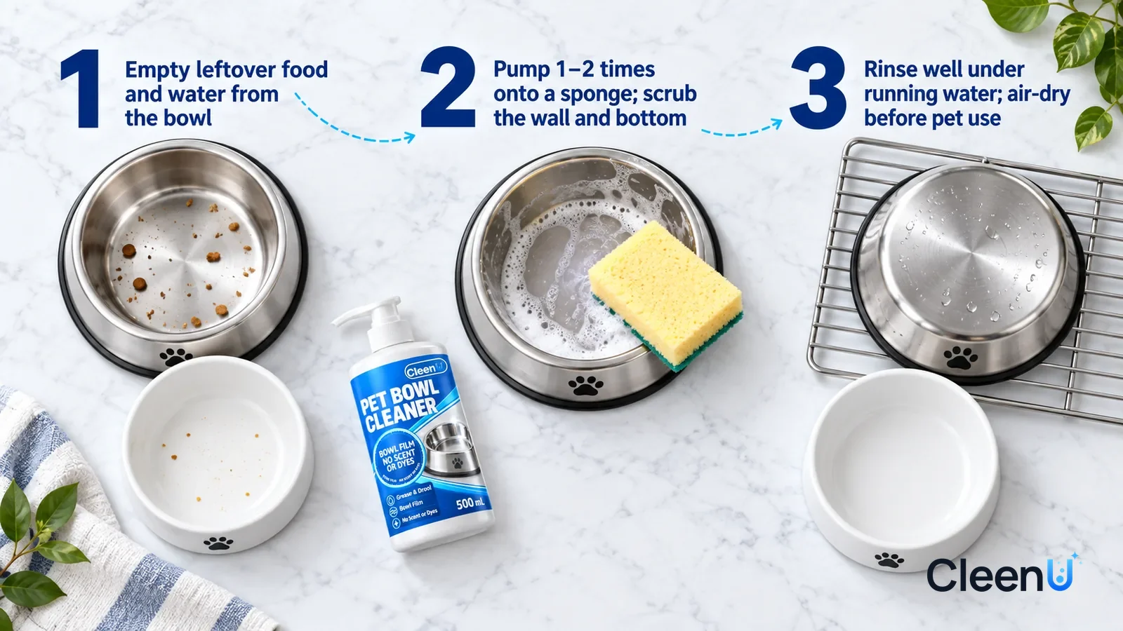 Illustration: CleenU Pet Bowl Cleaner — an overhead shot straight down onto a light marble tabletop, no hands: (1) an emptied stainless-steel pet bowl with a few kibble crumbs left